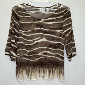 Chico's Sheer Blouson Top Womens Size 1 Brown Stripe 3/4 Sleeve Round Neck